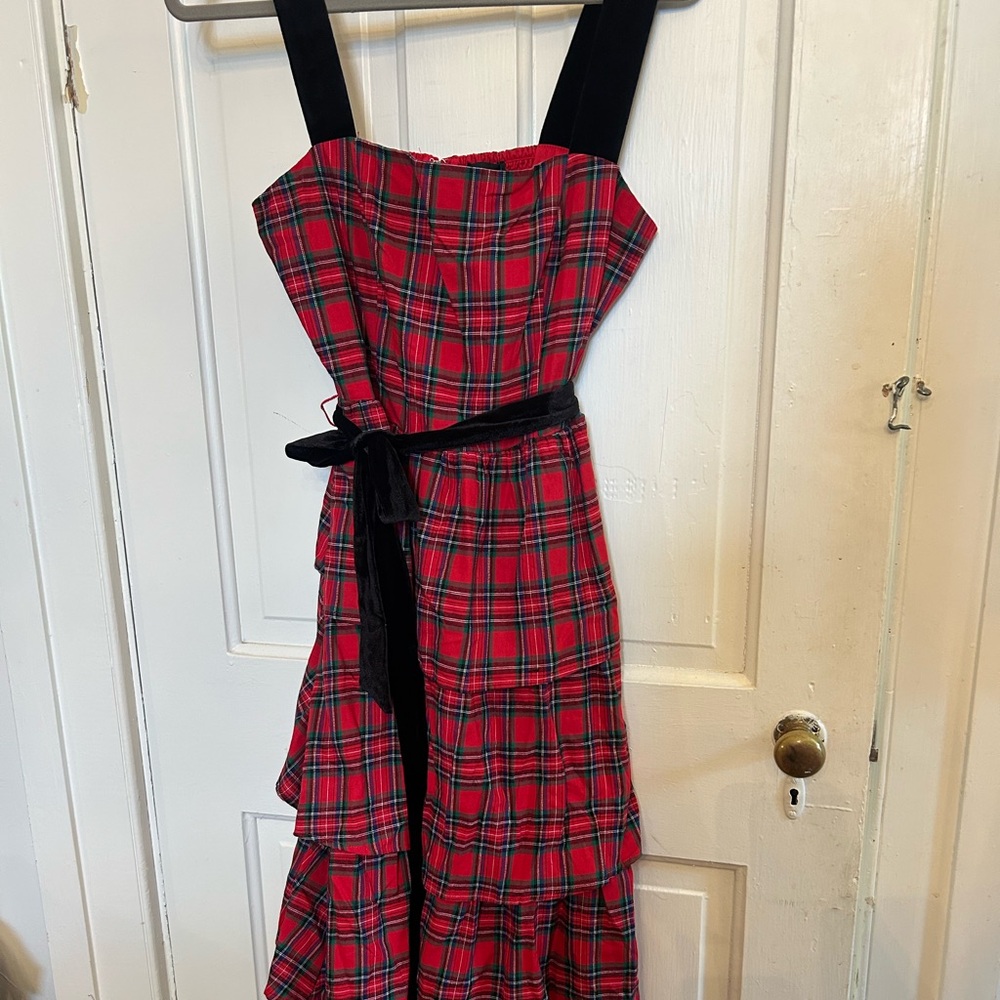 SUGARLIPS ELEGANCE DEFINED 100% COTTON RED PLAID TIERED MIDI DRESS - Picture 9 of 17